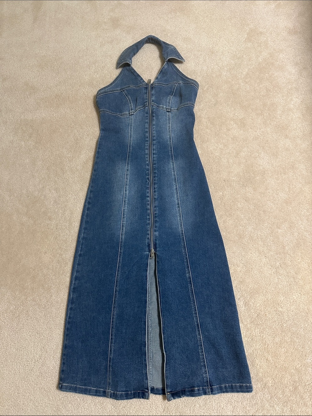 Vero Moda Blue Denim Halter Maxi Dress with Front Zip